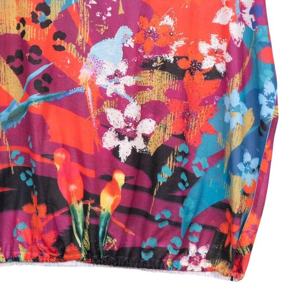 B.L.E.U. Shirt L Womens Multicolor Floral Bird Boxy Loose Fit Gems Elastic Waist - Picture 3 of 5